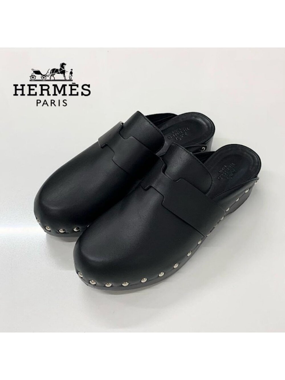 Hermes Calya Leather Wood Studs Mules Black